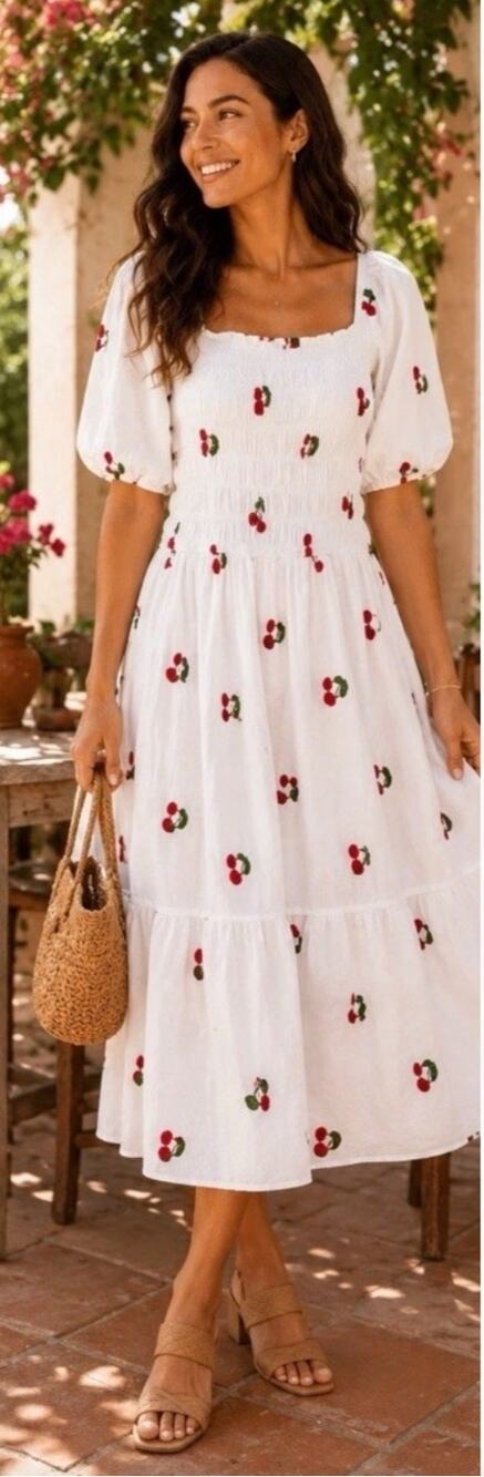 6061)Anthropologie Kindred M Cherry Print Coquette Peasant Puff Slv Smocked Dres